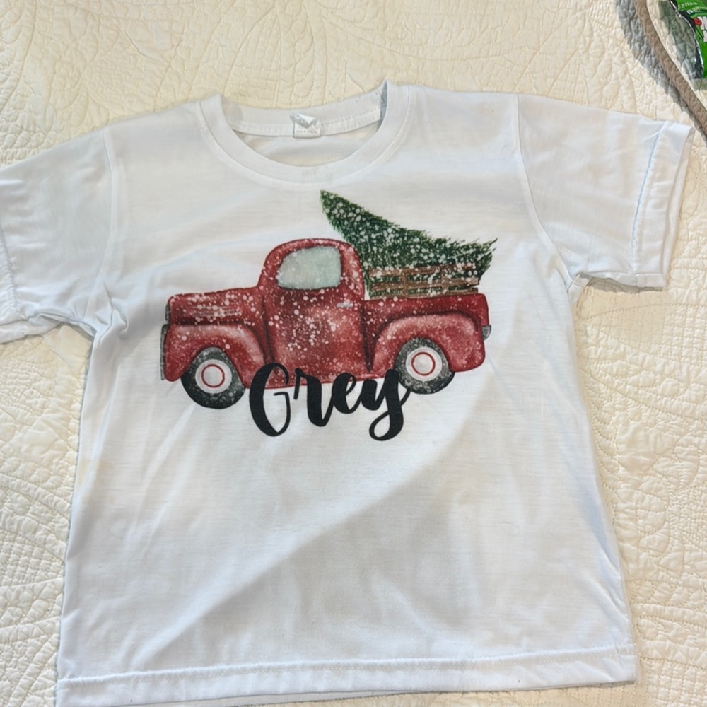 White Christmas T-Shirt with Red Truck and Green Tree Design (Custom) Grey